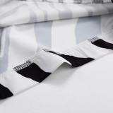 Damen schickes schwarz-weiß gestreiftes Umlegekragen-Print-Langarmhemd und Baggy-Hose, zweiteiliges Set