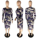 Plus Size Women Camouflage Round Neck Long Sleeve Dress