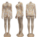 Women's Summer Fashion Print Blazer Jacket Shorts Two-Piece Set