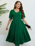 Women's Summer Green Round Neck Slim Waist Plus Size A-Line Dress