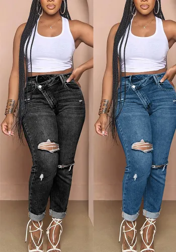 Casual Women's Style Ripped Buckle Stretch Denim Pants