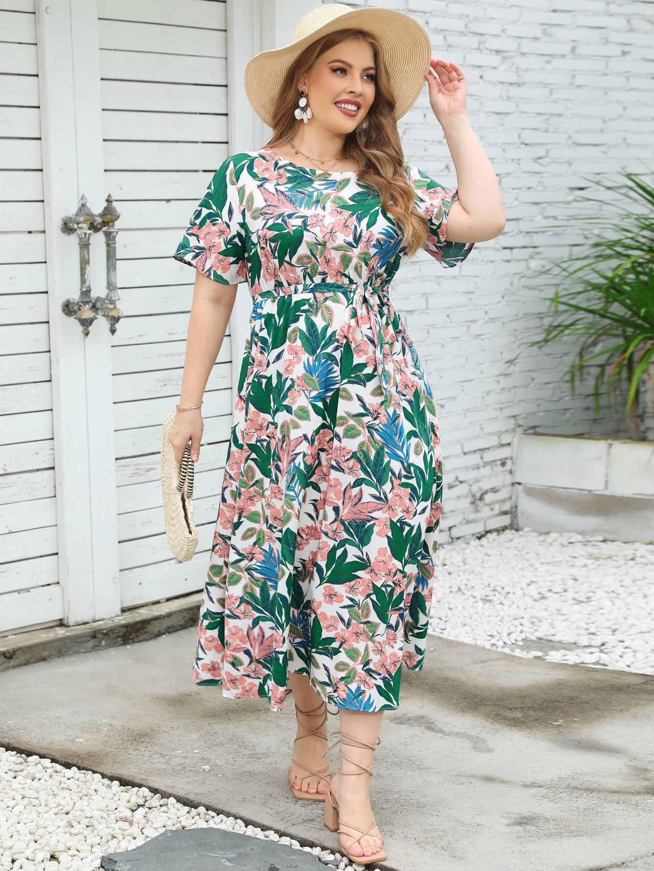 Summer Round Neck Short Sleeve Print Plus Size Women's Dress - The