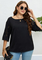 Summer Plus Size Women Black Round Neck Lace Sleeve Loose Top
