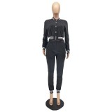 Women's solid color women's jacket suit One row button long sleeved baseball jacket two-piece set