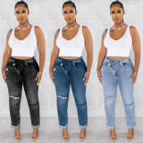 Casual Women's Style Ripped Buckle Stretch Denim Pants