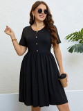Summer Plus Size Women Black Round Neck A-Line Casual Dress