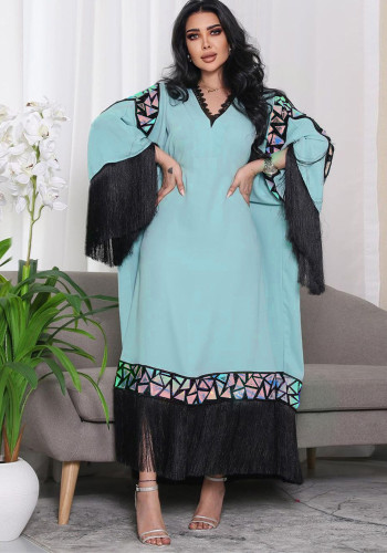 Pailletten Kwastje Robe Abaya Losse Fit Jurk Arabische Dames Kleding Dubai Moslim