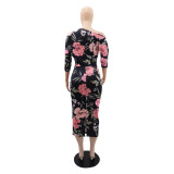 Chic Slim Slash Shoulder Summer Vintage Floral Print Bodycon Women's Dress