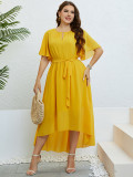 Summer Yellow Hollow Out Belted Plus Size Casual Midi Dress For Women