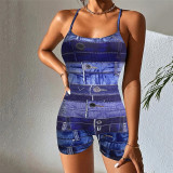 Summer Women's Digital Printing Sexy Low Back Straps Short Jumpsuit