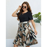 Plus Size Women's Summer Color Block Patchwork Belted Causal Midi Dress