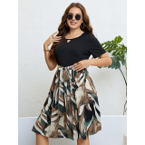 Plus Size Women's Summer Color Block Patchwork Belted Causal Midi Dress