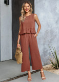 Women's Summer Chic Career Two-piece Solid Color Top + Pants Set