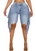 Pantalones cortos elásticos de mezclilla de verano Pantalones cortos elásticos de mezclilla con borlas hasta la rodilla