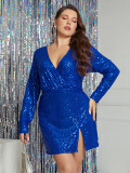 Sexy Plus Size Deep V Skirt Chic Sequin Dress Prom Evening Gown