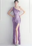 Positioning Flower Slash Shoulder Neck Slit Evening Celebration Sexy Sequin Long Evening Dress