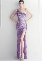Positioning Flower Slash Shoulder Neck Slit Evening Celebration Sexy Sequin Long Evening Dress