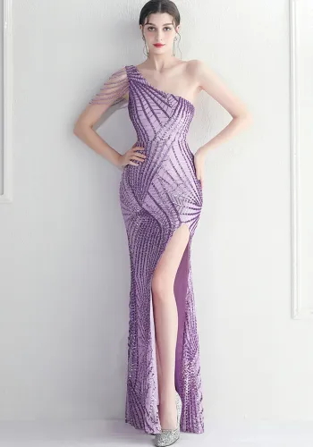 Positioning Flower Slash Shoulder Neck Slit Evening Celebration Sexy Sequin Long Evening Dress