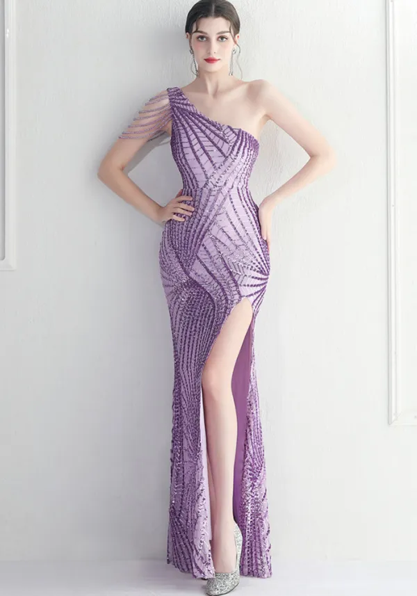 Positioning Flower Slash Shoulder Neck Slit Evening Celebration Sexy Sequin Long Evening Dress