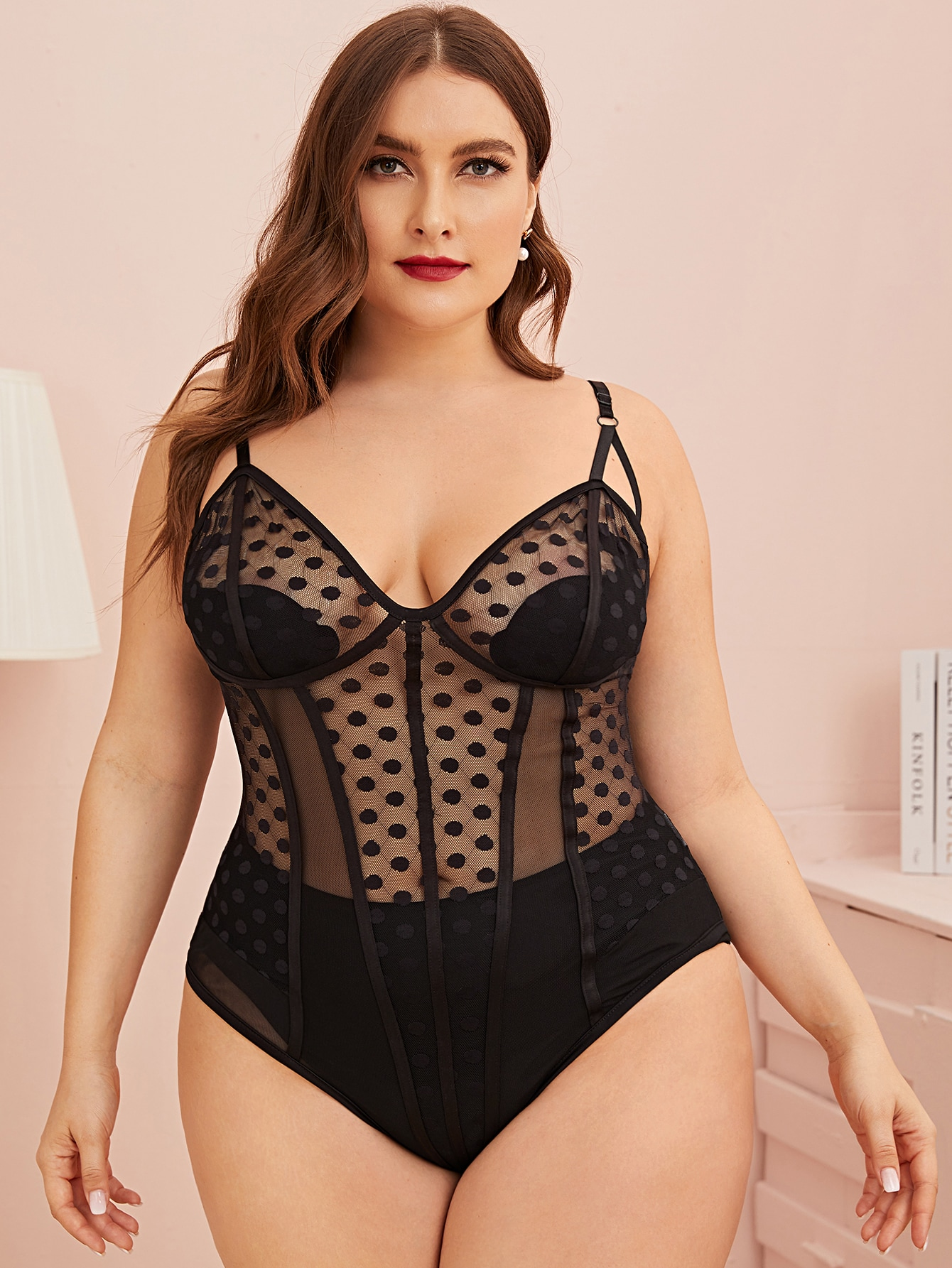 Plus Size Black Dotty Mesh See Through Teddy Lingerie - The Little  Connection