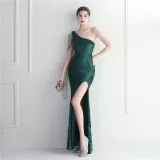 Positioning Flower Slash Shoulder Neck Slit Evening Celebration Sexy Sequin Long Evening Dress
