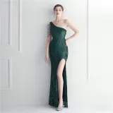 Positioning Flower Slash Shoulder Neck Slit Evening Celebration Sexy Sequin Long Evening Dress