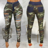 Sexy Style Ripped High Waisted Tight Fitting Raw Hem Camouflage Tight Pants