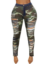 Sexy Style Ripped High Waisted Tight Fitting Raw Hem Camouflage Tight Pants