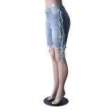 Summer Denim Stretch Pants Tassel Denim Stretch Knee-Length Shorts