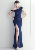 Ostrich Feather Slash Shoulder Neck Slit Sexy Dress Evening Gown