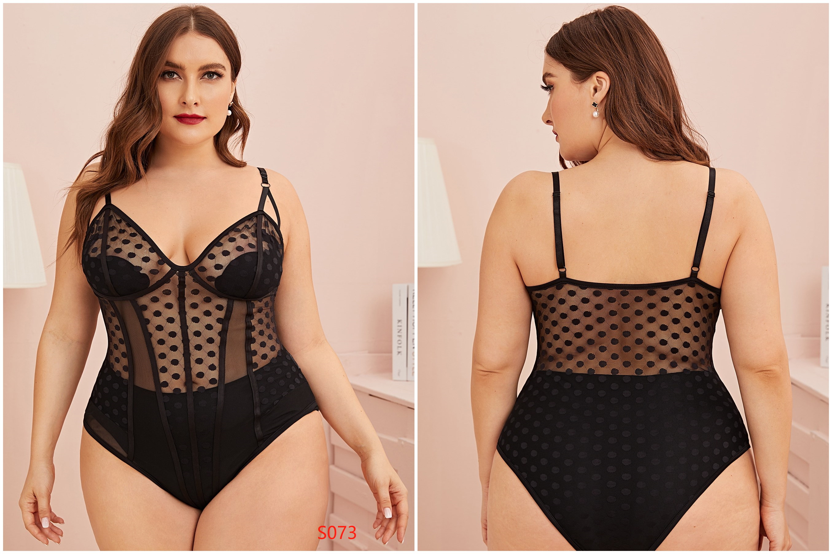 Plus Size Black Dotty Mesh See Through Teddy Lingerie - The Little