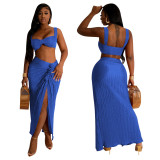 Pleated Sexy Low Back Camisole Top Split Pleated Skirt Set