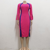 Women Sexy Color Contrasting Slit Long Sleeve Midi Dress
