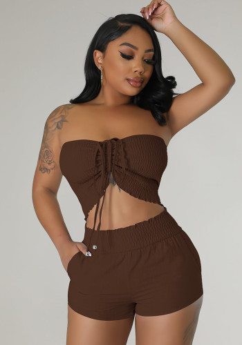 Women Sexy Off Shoulder Drawstring Crop Top and Shorts Two-Piece Set