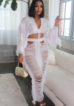 Women Casual Cutout Long Sleeve Top and Skirt Two-Piece Set