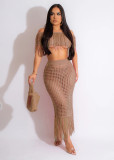 Women Casual Short Sleeve Fringed Beach Skirt Two-Piece Set