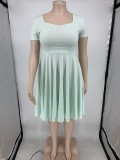 Women'S Fashion Sexy Plus Size Dress Square Neck Short Sleeves Solid Color Casual Dress