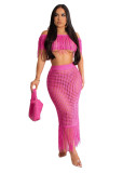 Women Casual Short Sleeve Fringed Beach Skirt Two-Piece Set