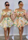 Floral Printed Ruffle Off Shoulder Short Sleeve Top + Pleated Skirt Two Piece Set