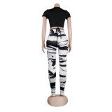 Women Sexy Short Sleeve Top+ Printed Trousers Two-piece Set