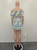 Floral Printed Ruffle Off Shoulder Short Sleeve Top + Pleated Skirt Two Piece Set