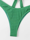Women's Pleated Fabric Halter Neck Tie Two Pieces Bikini Swimsuit
