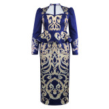 Spring Summer Style Chic Print Square Neck Long Sleeve Evening Dress