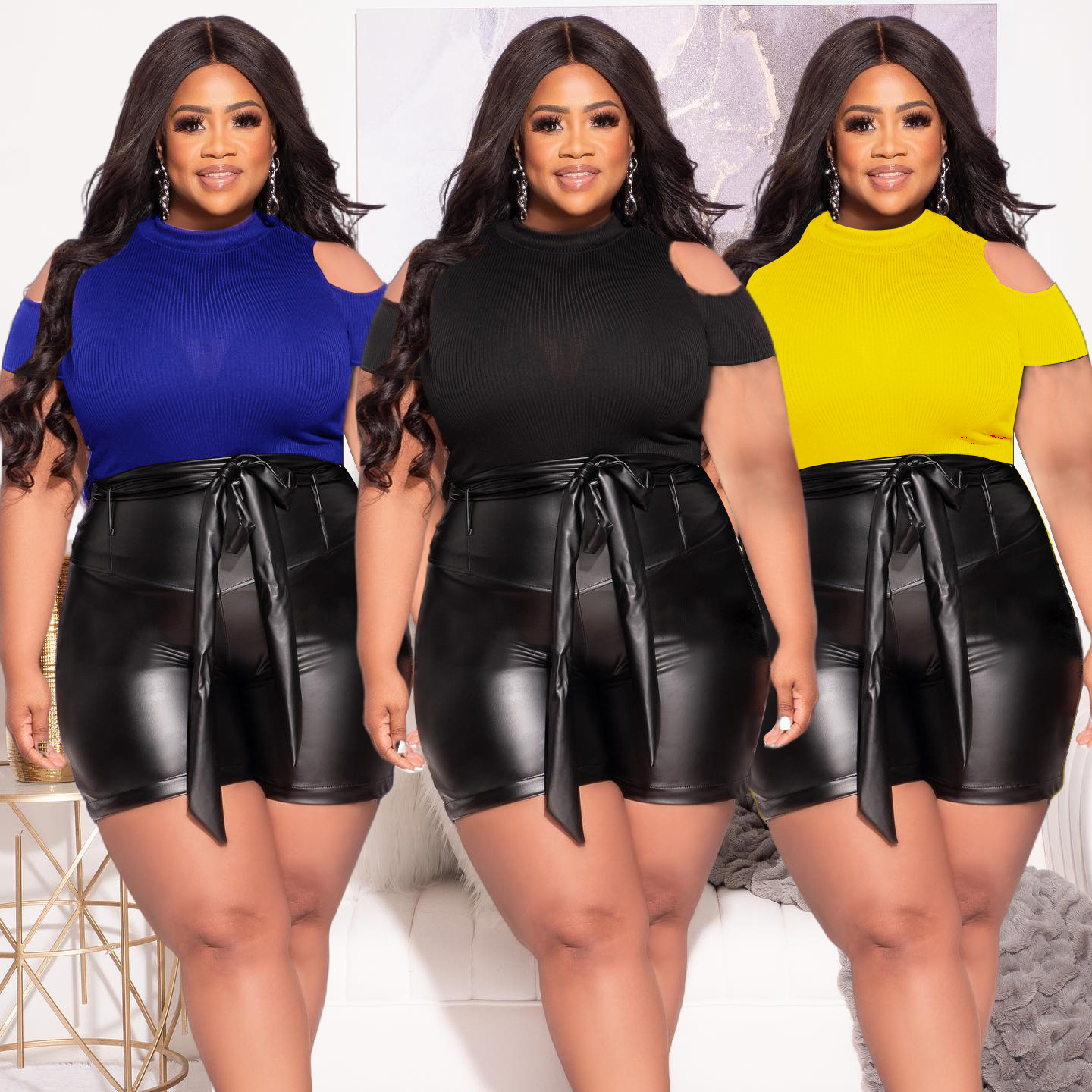 Plus Size Fashion Women's Solid Cutout Short Sleeve Top Sexy Slim Leather  Shorts Two Piece Set