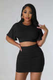 Women Fashion Sexy Solid Short Sleeve Cropped Top Slim Skirt Two Piece Set