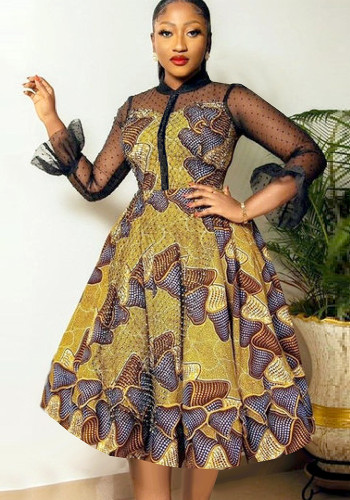 Mode mesh patchwork retro print losse taille vlinderdas a-lijn jurk