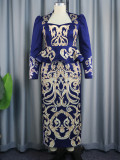 Spring Summer Style Chic Print Square Neck Long Sleeve Evening Dress