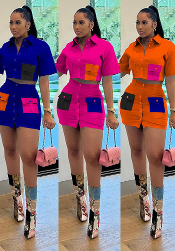 Damenbekleidung Knopf-Cargo-Doppeltaschen-Colorblock-Kurzarm-Rock-Set