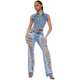 Fashion Versatile Slim Sexy Micro Stretch Ripped Micro Bell Bottom Denim Pants
