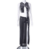 Women's Summer Solid Color Sexy Mesh See-Through Crop Button Slim Long Dress